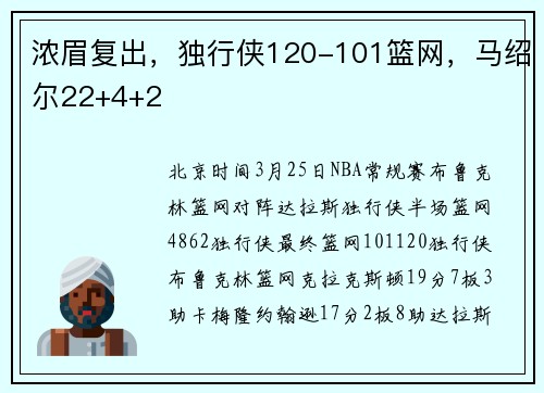 浓眉复出，独行侠120-101篮网，马绍尔22+4+2