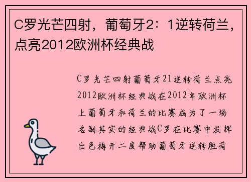 C罗光芒四射，葡萄牙2：1逆转荷兰，点亮2012欧洲杯经典战