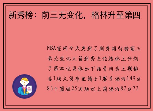 新秀榜：前三无变化，格林升至第四